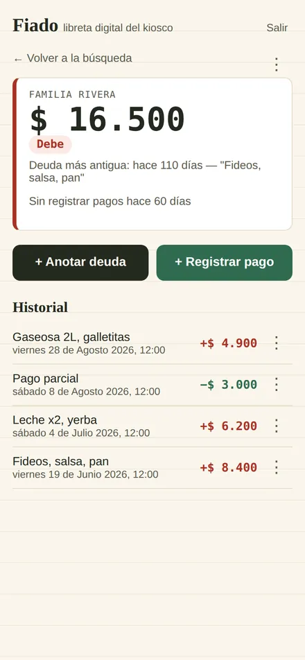 Detalle de una cuenta con alerta de deuda antigua