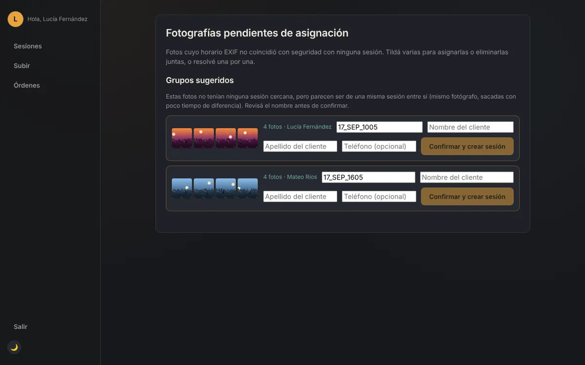 Panel de fotos sin asignar con grupos sugeridos